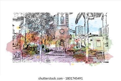 Building view with landmark of Americana is a municipality located in the Brazilian state of São Paulo. Watercolor splash with hand drawn sketch illustration vector.