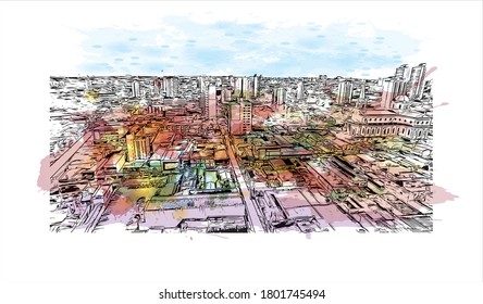 Building view with landmark of Americana is a municipality located in the Brazilian state of São Paulo. Watercolor splash with hand drawn sketch illustration vector.