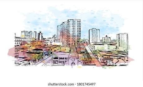 Building view with landmark of Americana is a municipality located in the Brazilian state of São Paulo. Watercolor splash with hand drawn sketch illustration vector.