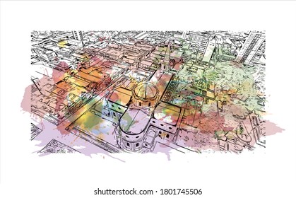 Building view with landmark of Americana is a municipality located in the Brazilian state of São Paulo. Watercolor splash with hand drawn sketch illustration vector.