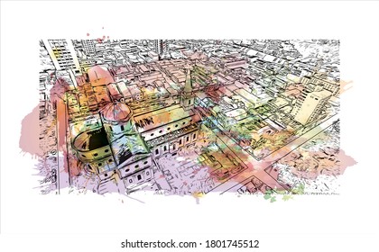 Building view with landmark of Americana is a municipality located in the Brazilian state of São Paulo. Watercolor splash with hand drawn sketch illustration vector.