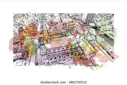 Building view with landmark of Americana is a municipality located in the Brazilian state of São Paulo. Watercolor splash with hand drawn sketch illustration vector.