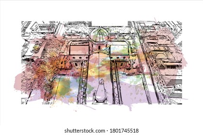 Building view with landmark of Americana is a municipality located in the Brazilian state of São Paulo. Watercolor splash with hand drawn sketch illustration vector.