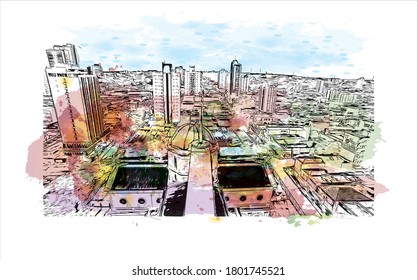 Building view with landmark of Americana is a municipality located in the Brazilian state of São Paulo. Watercolor splash with hand drawn sketch illustration vector.