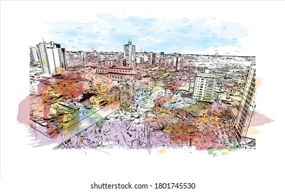 Building view with landmark of Americana is a municipality located in the Brazilian state of São Paulo. Watercolor splash with hand drawn sketch illustration vector.