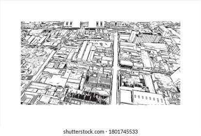 Building view with landmark of Americana is a municipality located in the Brazilian state of São Paulo. Hand drawn sketch illustration vector.