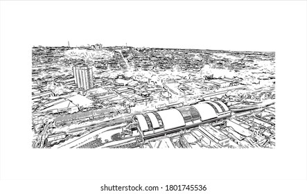 Building view with landmark of Americana is a municipality located in the Brazilian state of São Paulo. Hand drawn sketch illustration vector.