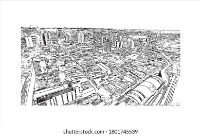 Building view with landmark of Americana is a municipality located in the Brazilian state of São Paulo. Hand drawn sketch illustration vector.