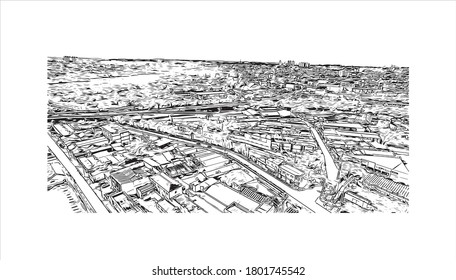 Building view with landmark of Americana is a municipality located in the Brazilian state of São Paulo. Hand drawn sketch illustration vector.