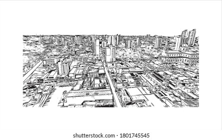 Building view with landmark of Americana is a municipality located in the Brazilian state of São Paulo. Hand drawn sketch illustration vector.