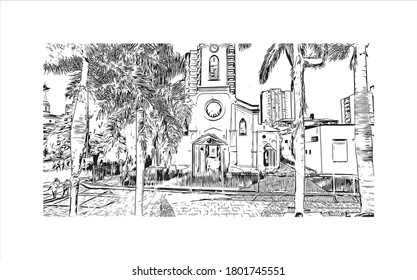 Building view with landmark of Americana is a municipality located in the Brazilian state of São Paulo. Hand drawn sketch illustration vector.