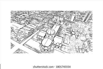 Building view with landmark of Americana is a municipality located in the Brazilian state of São Paulo. Hand drawn sketch illustration vector.