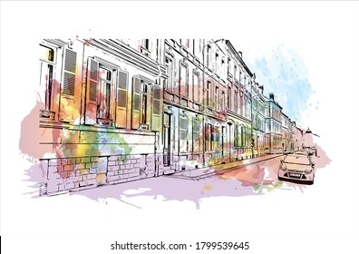 Building view with landmark of Amiens is a city in northern France, divided by the Somme river. Watercolor splash with hand drawn sketch illustration vector.