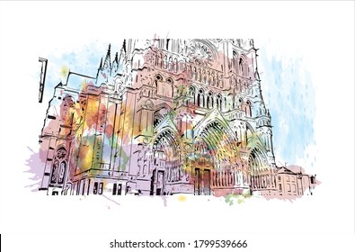 Building view with landmark of Amiens is a city in northern France, divided by the Somme river. Watercolor splash with hand drawn sketch illustration vector.