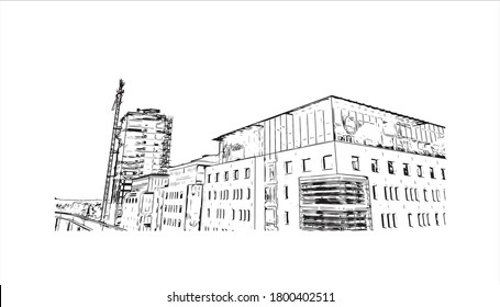 Building view with landmark of Amman, the capital of Jordan, is a modern city with numerous ancient ruins. Hand drawn sketch illustration in vector.