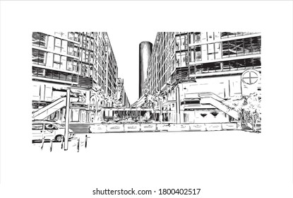 Building view with landmark of Amman, the capital of Jordan, is a modern city with numerous ancient ruins. Hand drawn sketch illustration in vector.