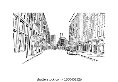 Building view with landmark of Amman, the capital of Jordan, is a modern city with numerous ancient ruins. Hand drawn sketch illustration in vector.