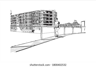 Building view with landmark of Amman, the capital of Jordan, is a modern city with numerous ancient ruins. Hand drawn sketch illustration in vector.