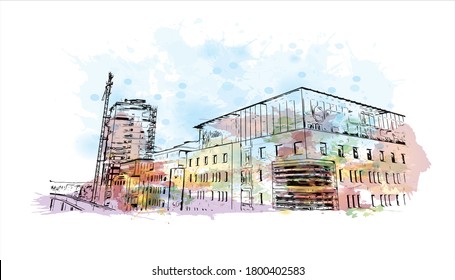 Building view with landmark of Amman, the capital of Jordan, is a modern city with numerous ancient ruins. Watercolor splash with hand drawn sketch illustration in vector.