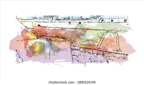 Building view with landmark of Amritsar is a city in the northwestern Indian state of Punjab. Watercolor splash with hand drawn sketch illustration in vector.