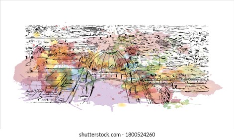Building view with landmark of Amritsar is a city in the northwestern Indian state of Punjab. Watercolor splash with hand drawn sketch illustration in vector.