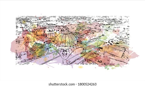 Building view with landmark of Amritsar is a city in the northwestern Indian state of Punjab. Watercolor splash with hand drawn sketch illustration in vector.