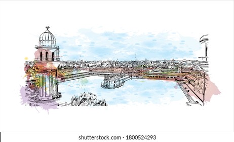 Building view with landmark of Amritsar is a city in the northwestern Indian state of Punjab. Watercolor splash with hand drawn sketch illustration in vector.