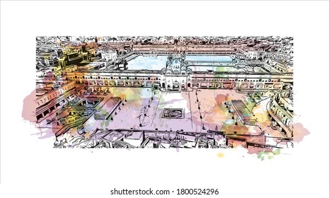 Building view with landmark of Amritsar is a city in the northwestern Indian state of Punjab. Watercolor splash with hand drawn sketch illustration in vector.