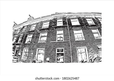 Building view with landmark of Amsterdam is the Netherlands’ capital, known for its artistic heritage. Hand drawn sketch illustration in vector.