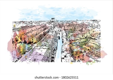 Building view with landmark of Amsterdam is the Netherlands’ capital, known for its artistic heritage. Watercolor splash with hand drawn sketch illustration in vector.