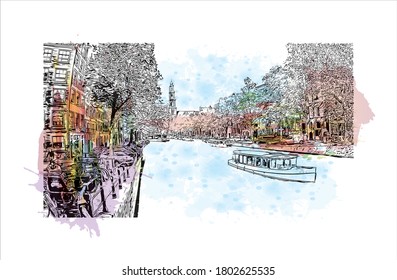 Building view with landmark of Amsterdam is the Netherlands’ capital, known for its artistic heritage. Watercolor splash with hand drawn sketch illustration in vector.