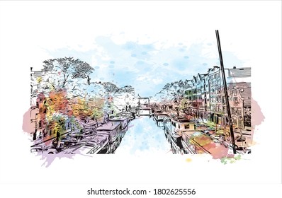 Building view with landmark of Amsterdam is the Netherlands’ capital, known for its artistic heritage. Watercolor splash with hand drawn sketch illustration in vector.