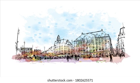 Building view with landmark of Amsterdam is the Netherlands’ capital, known for its artistic heritage. Watercolor splash with hand drawn sketch illustration in vector.