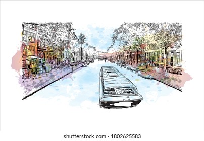 Building view with landmark of Amsterdam is the Netherlands’ capital, known for its artistic heritage. Watercolor splash with hand drawn sketch illustration in vector.