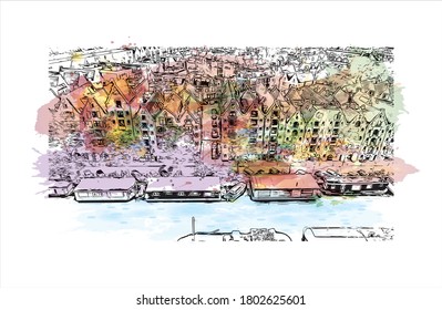 Building view with landmark of Amsterdam is the Netherlands’ capital, known for its artistic heritage. Watercolor splash with hand drawn sketch illustration in vector.