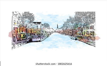 Building view with landmark of Amsterdam is the Netherlands’ capital, known for its artistic heritage. Watercolor splash with hand drawn sketch illustration in vector.