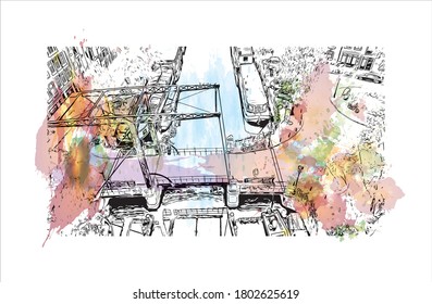 Building view with landmark of Amsterdam is the Netherlands’ capital, known for its artistic heritage. Watercolor splash with hand drawn sketch illustration in vector.