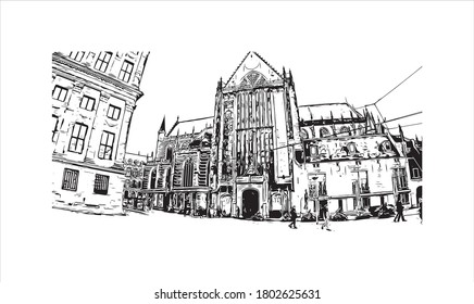 Building view with landmark of Amsterdam is the Netherlands’ capital, known for its artistic heritage. Hand drawn sketch illustration in vector.