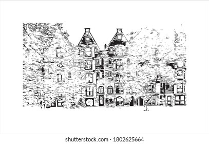 Building view with landmark of Amsterdam is the Netherlands’ capital, known for its artistic heritage. Hand drawn sketch illustration in vector.