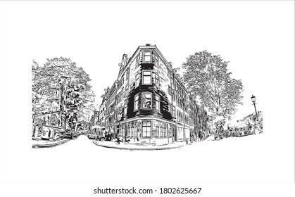 Building view with landmark of Amsterdam is the Netherlands’ capital, known for its artistic heritage. Hand drawn sketch illustration in vector.