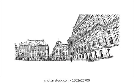 Building view with landmark of Amsterdam is the Netherlands’ capital, known for its artistic heritage. Hand drawn sketch illustration in vector.