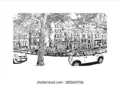 Building view with landmark of Amsterdam is the Netherlands’ capital, known for its artistic heritage. Hand drawn sketch illustration in vector.