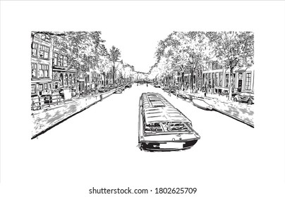 Building view with landmark of Amsterdam is the Netherlands’ capital, known for its artistic heritage. Hand drawn sketch illustration in vector.