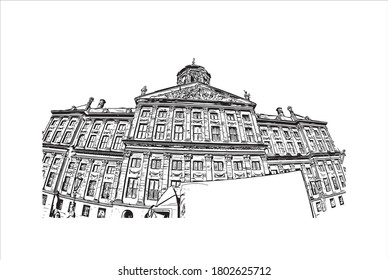 Building view with landmark of Amsterdam is the Netherlands’ capital, known for its artistic heritage. Hand drawn sketch illustration in vector.