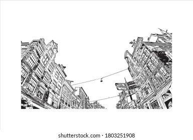 Building view with landmark of Amsterdam is the Netherlands’ capital, known for its artistic heritage. Hand drawn sketch illustration in vector.
