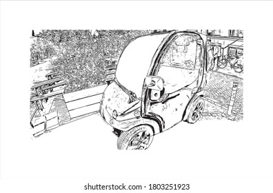 Building view with landmark of Amsterdam is the Netherlands’ capital, known for its artistic heritage. Hand drawn sketch illustration in vector.