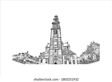 Building view with landmark of Amsterdam is the Netherlands’ capital, known for its artistic heritage. Hand drawn sketch illustration in vector.