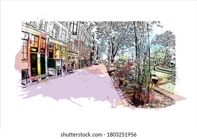 Building view with landmark of Amsterdam is the Netherlands’ capital, known for its artistic heritage. Watercolor splash with hand drawn sketch illustration in vector.