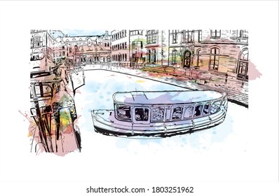 Building view with landmark of Amsterdam is the Netherlands’ capital, known for its artistic heritage. Watercolor splash with hand drawn sketch illustration in vector.