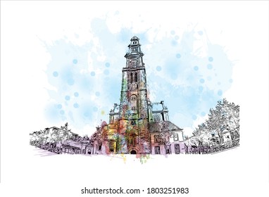 Building view with landmark of Amsterdam is the Netherlands’ capital, known for its artistic heritage. Watercolor splash with hand drawn sketch illustration in vector.